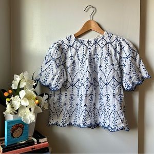 White Blouse with Blue Embroidery